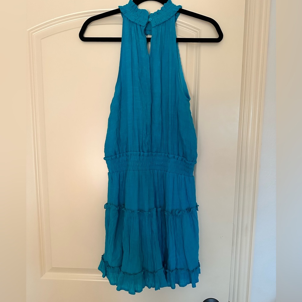 High neck teal mini dress with cutout, worn once, perfect for brunch!